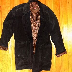 Vintage Black Leather Suede Jacket with Floral Lining